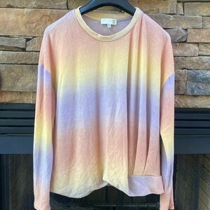 Ro & De tie dye twist tuck waist crew neck top size XL purple yellow peach fall